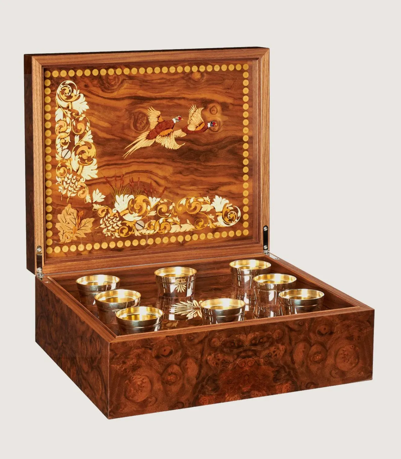 Marquetry Box With Silver Cups In Natural-Purdey Clearance