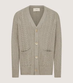 Men'S Cashmere Cable And Rib V Neck Cardigan In Drab-Purdey Clearance