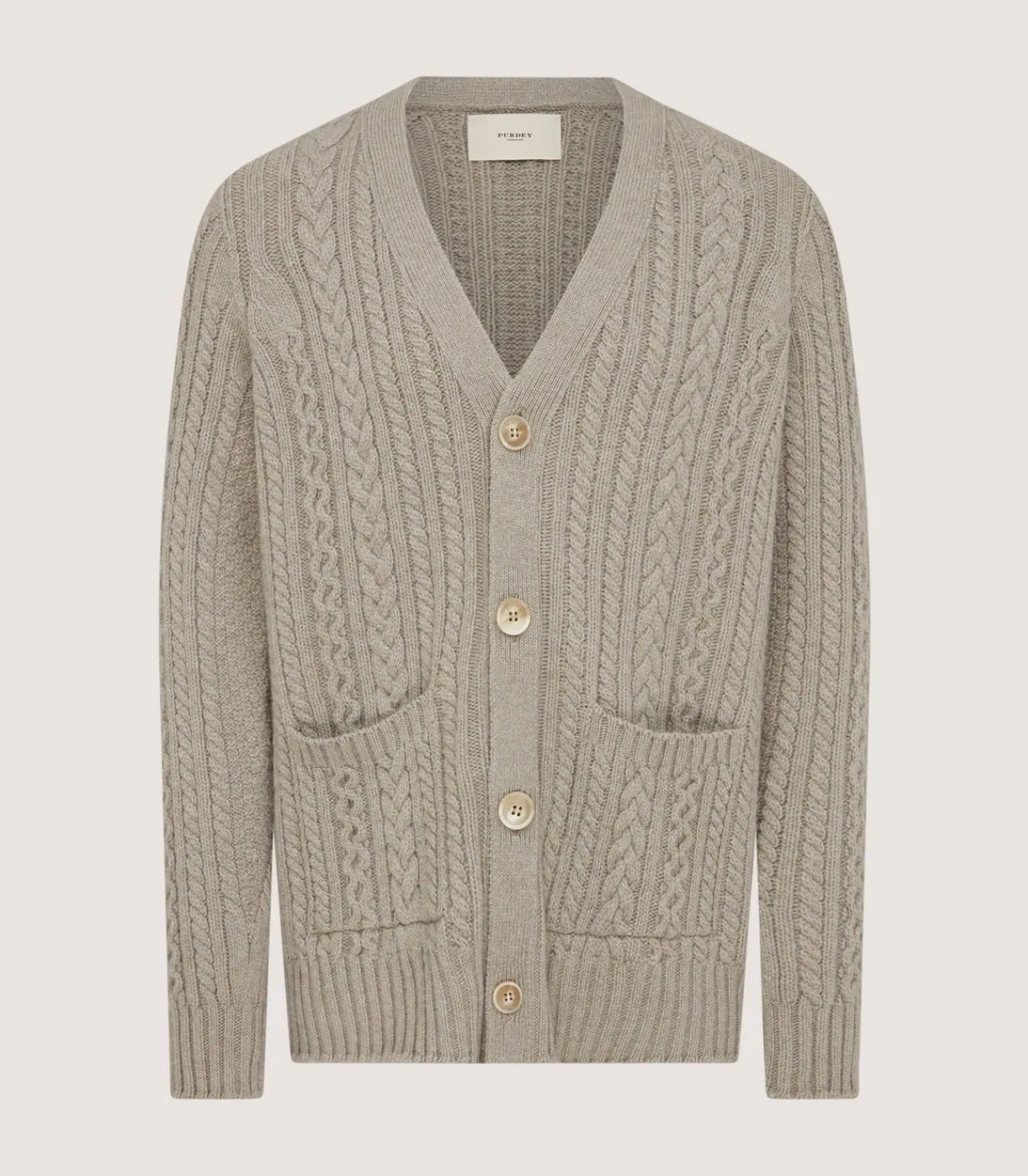 Men'S Cashmere Cable And Rib V Neck Cardigan In Drab-Purdey Clearance