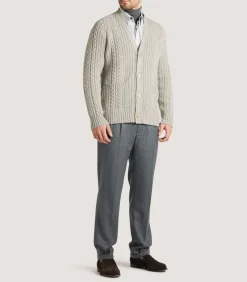 Men'S Cashmere Cable And Rib V Neck Cardigan In Drab-Purdey Clearance