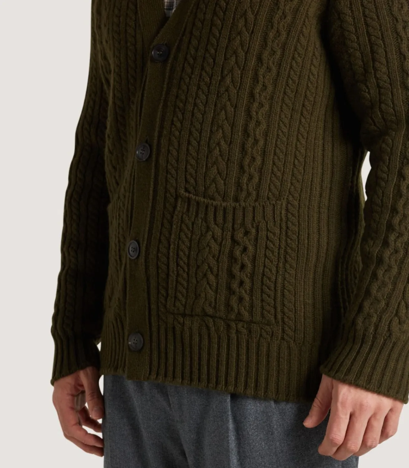 Men'S Cashmere Cable And Rib V Neck Cardigan In Military-Purdey Discount