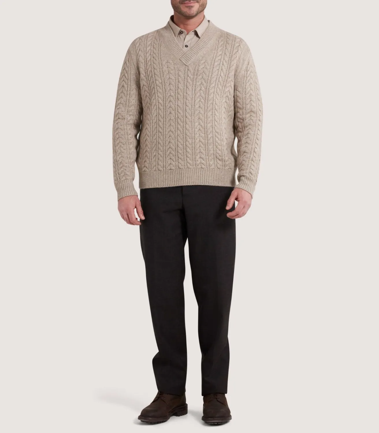 Men'S Taupe Cashmere Linen V Neck Cricket Jumper-Purdey New