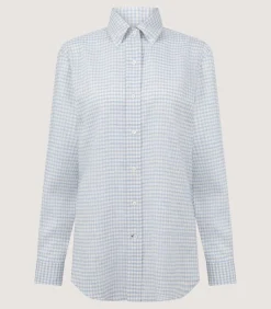 Women'S Pale Indigo Linen Shepherd Check Button Down Shirt-Purdey