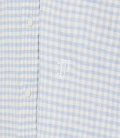 Women'S Pale Indigo Linen Shepherd Check Button Down Shirt-Purdey