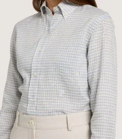 Women'S Pale Indigo Linen Shepherd Check Button Down Shirt-Purdey